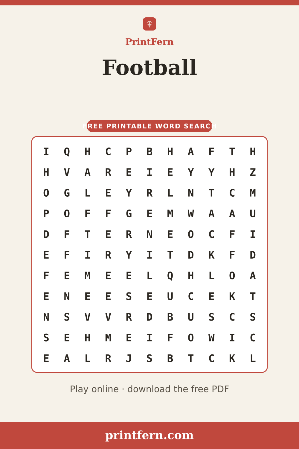 Football Word Search, free printable PDF preview