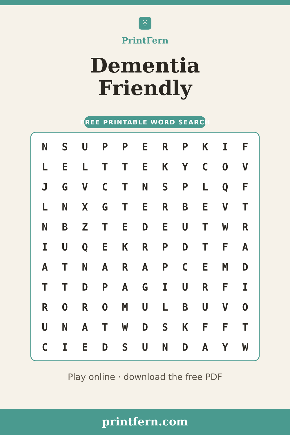 Dementia Friendly Word Search, free printable PDF preview