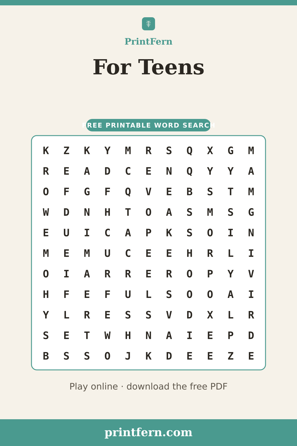 For Teens Word Search, free printable PDF preview