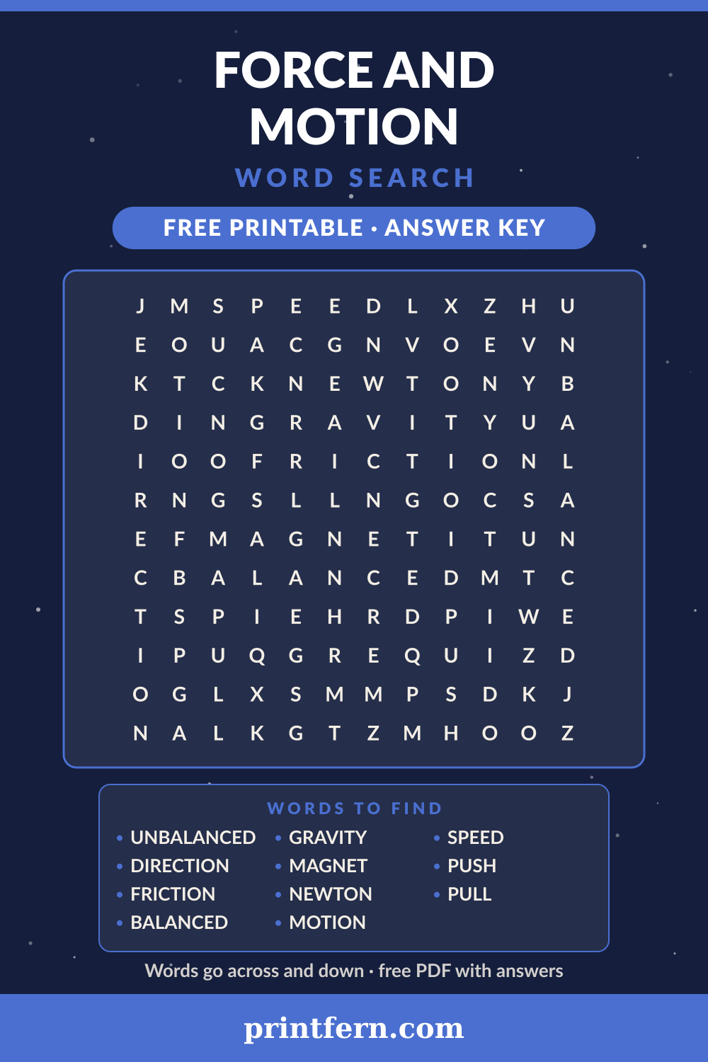 Force and Motion Word Search, free printable PDF preview