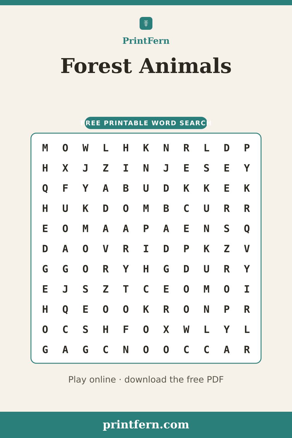 Forest Animals Word Search, free printable PDF preview