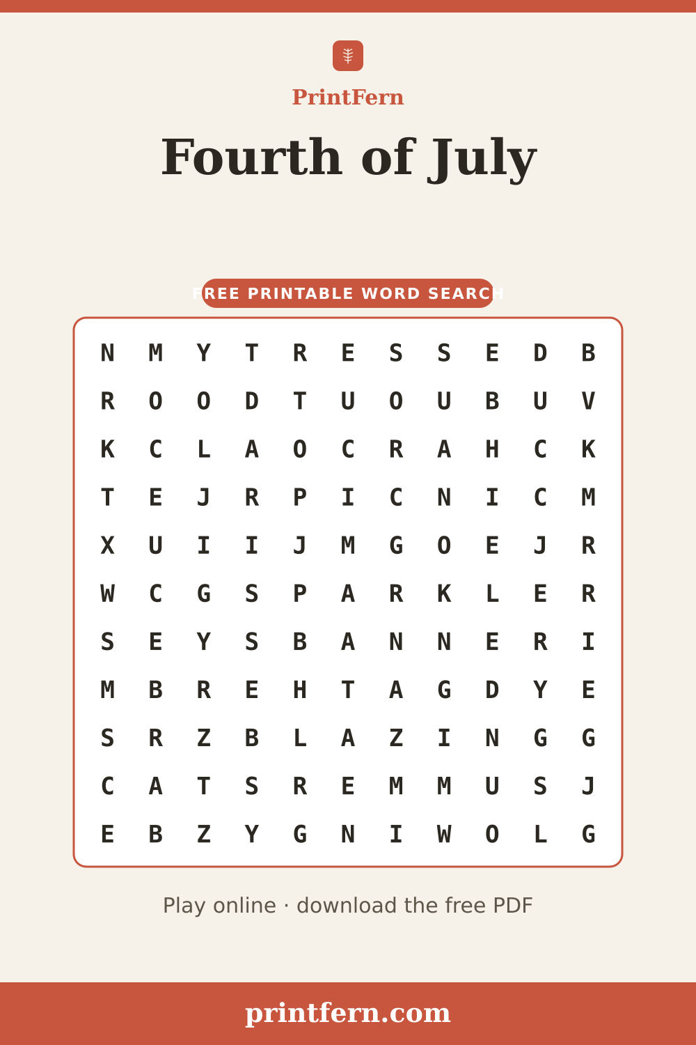 Fourth of July Word Search, free printable PDF preview