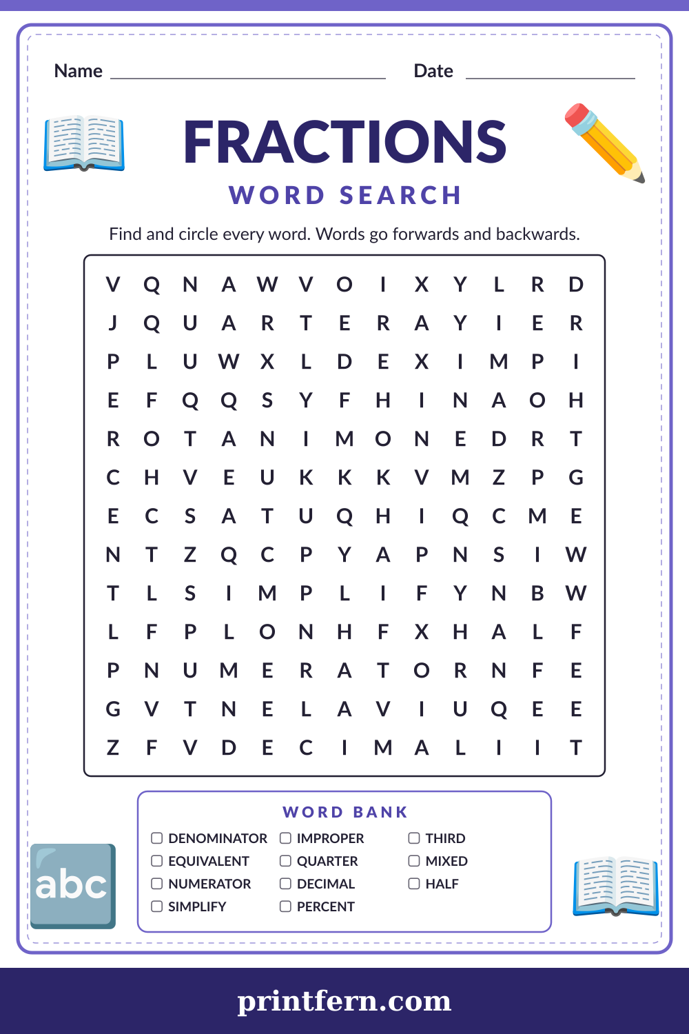 Fractions Word Search, free printable PDF preview