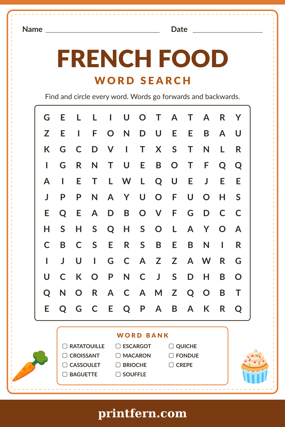 French Food Word Search, free printable PDF preview