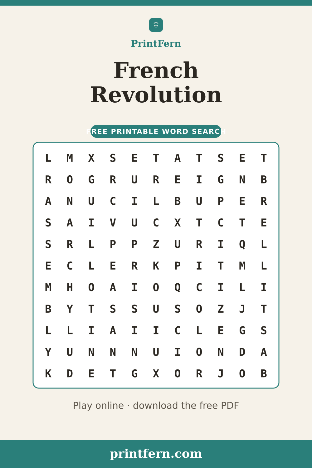 French Revolution Word Search, free printable PDF preview