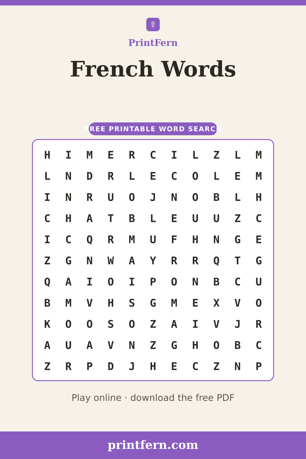 French Words Word Search, free printable PDF preview