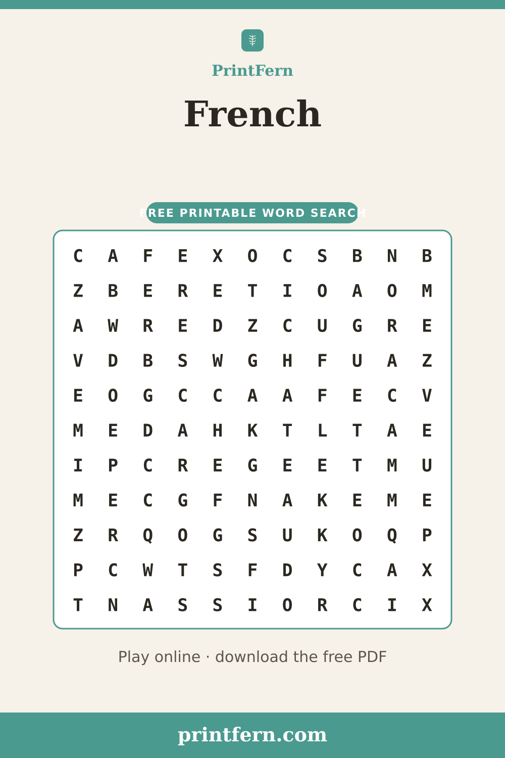 French Word Search, free printable PDF preview