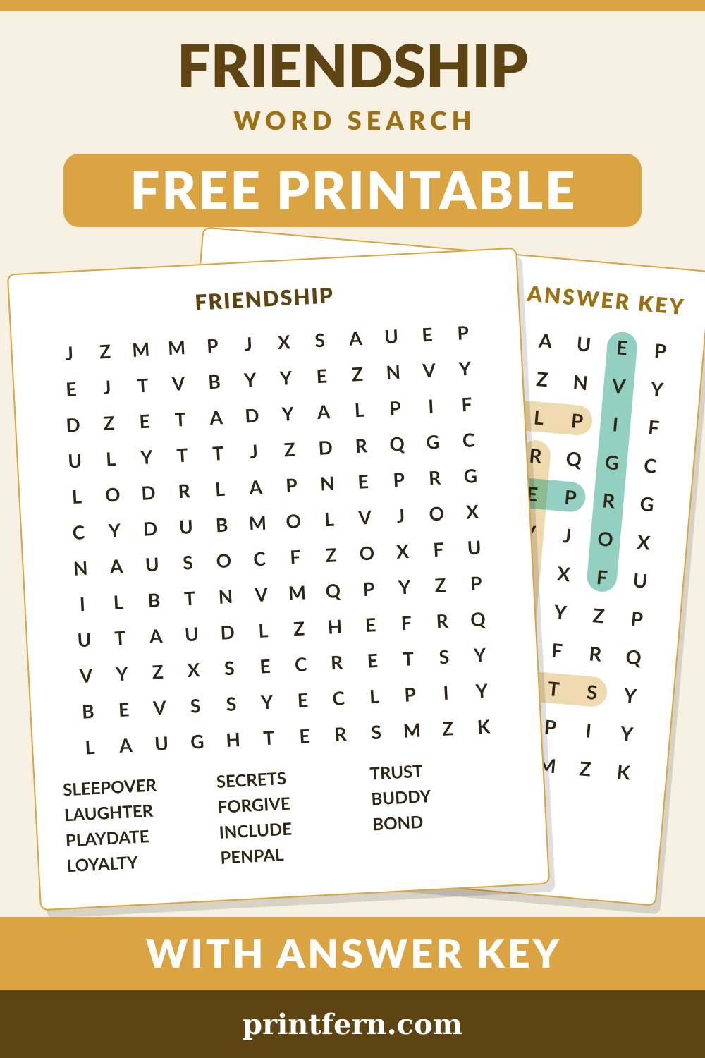 Friendship Word Search, free printable PDF preview