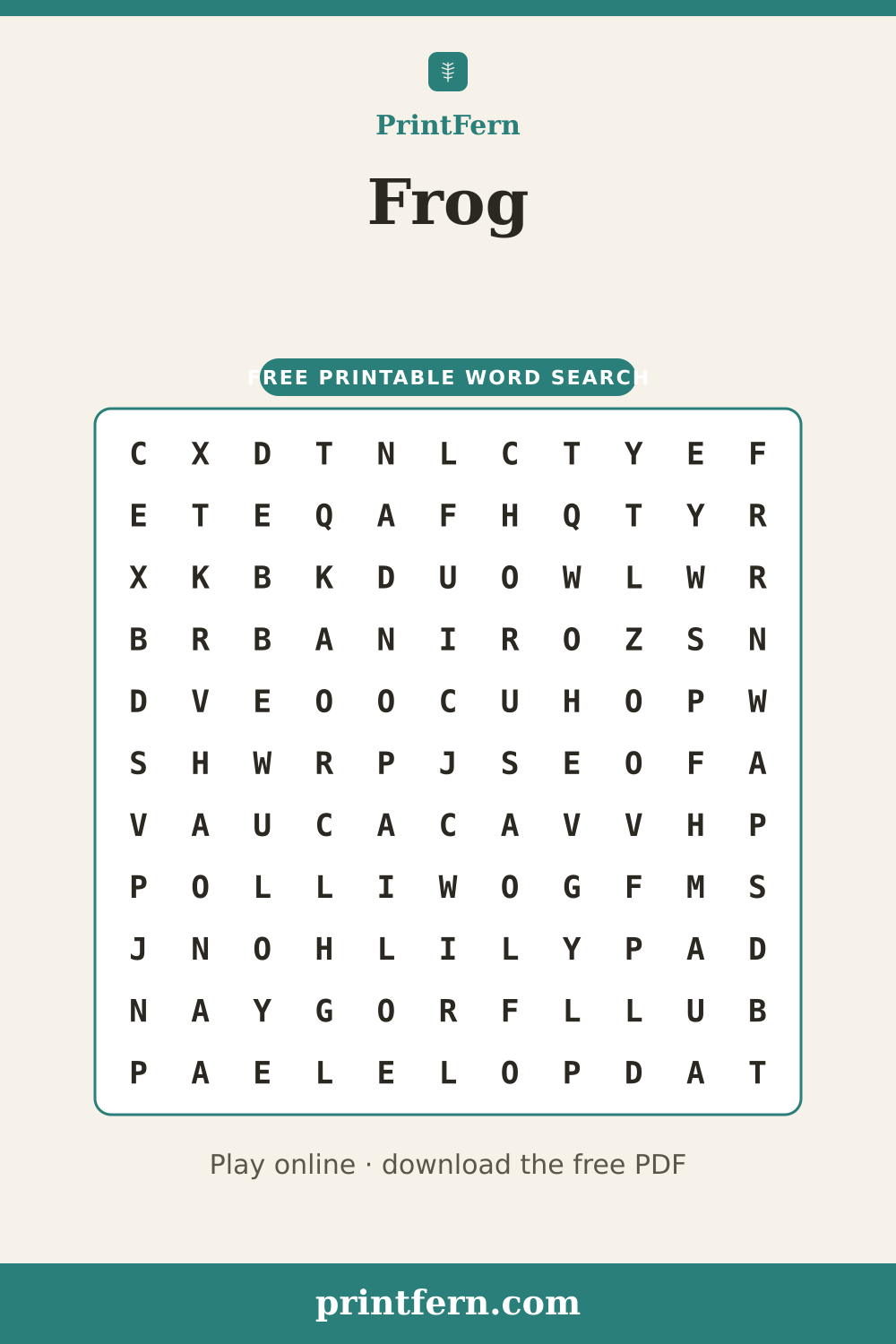 Frog Word Search, free printable PDF preview
