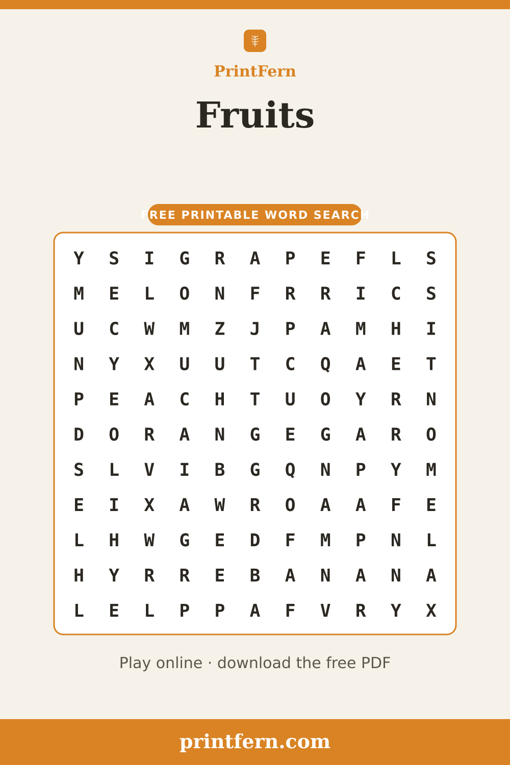 Fruits Word Search, free printable PDF preview
