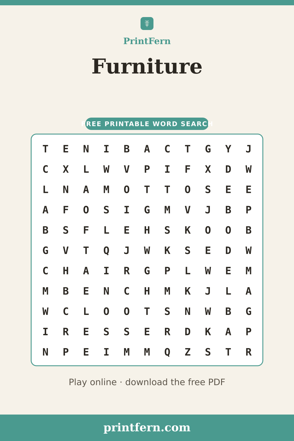 Furniture Word Search, free printable PDF preview