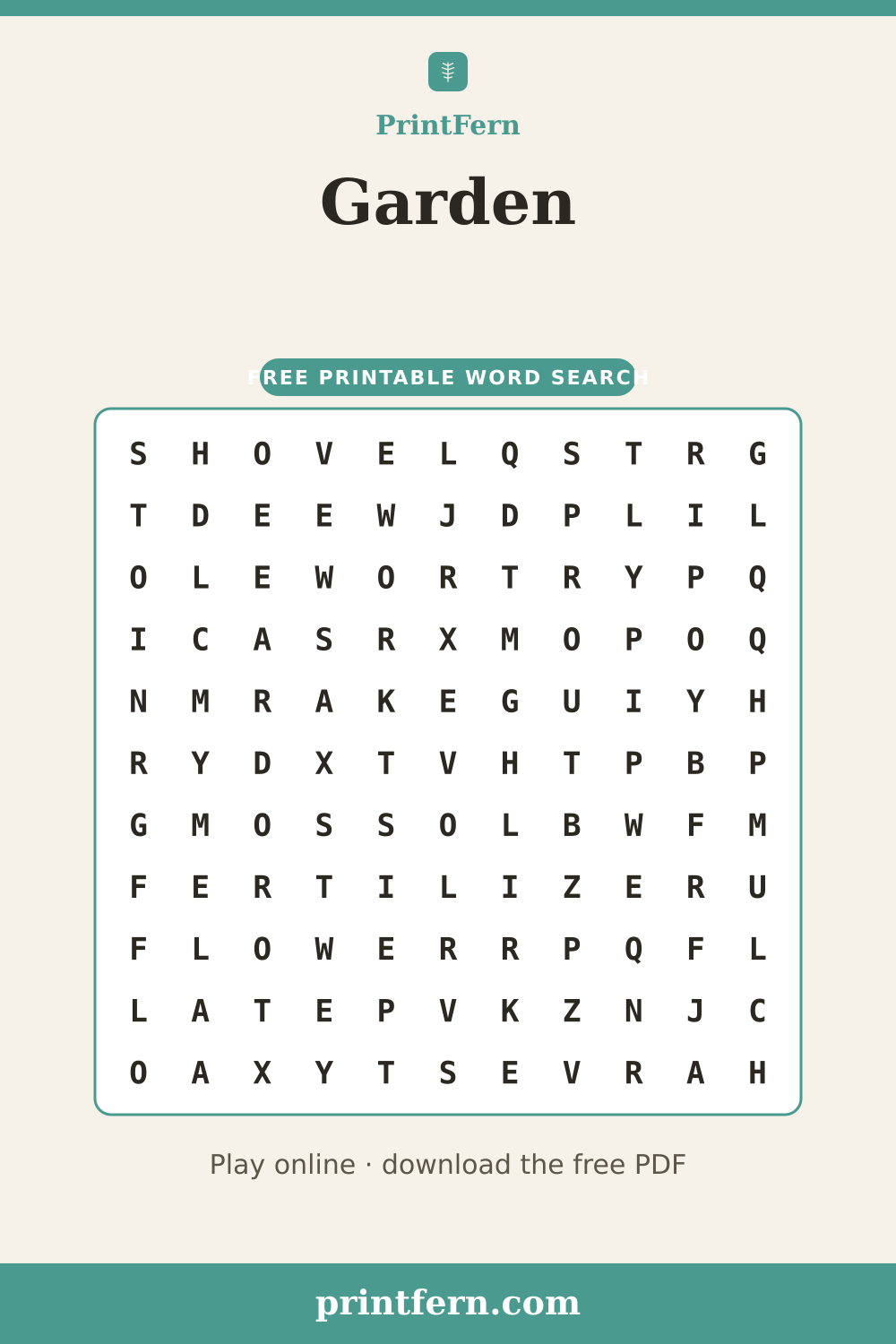 Garden Word Search, free printable PDF preview