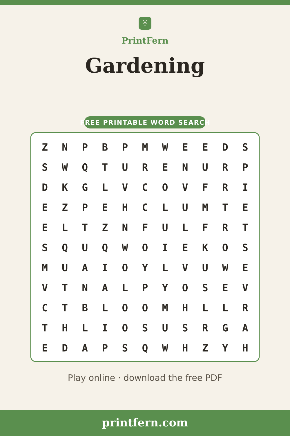 Gardening Word Search, free printable PDF preview