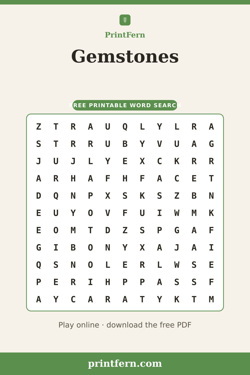 Gemstones Word Search, free printable PDF preview
