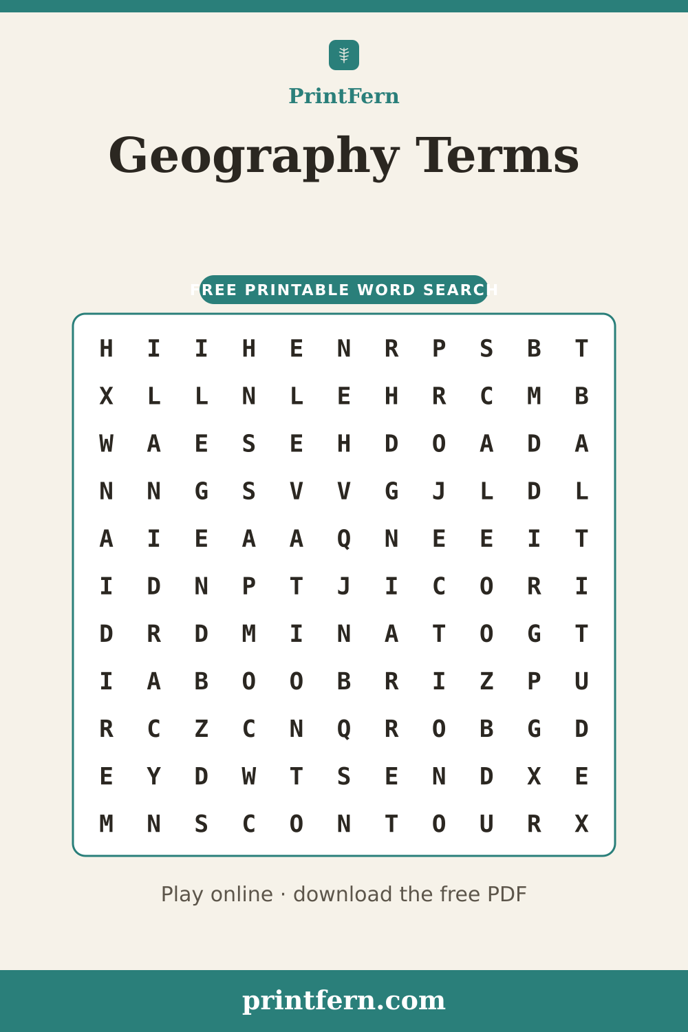 Geography Terms Word Search, free printable PDF preview