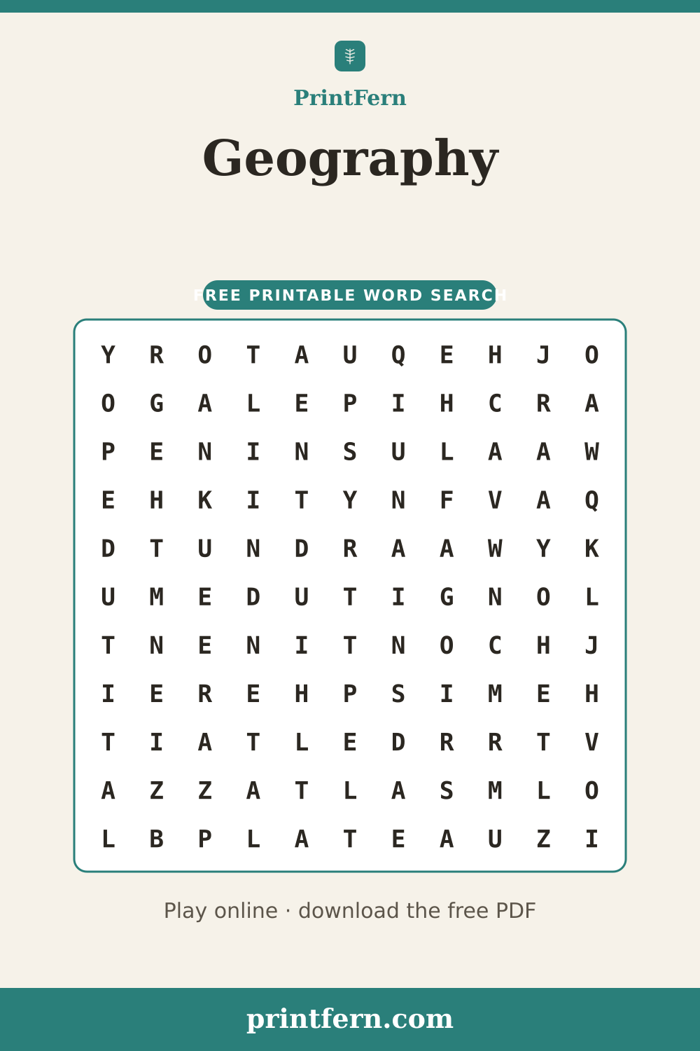Geography Word Search, free printable PDF preview