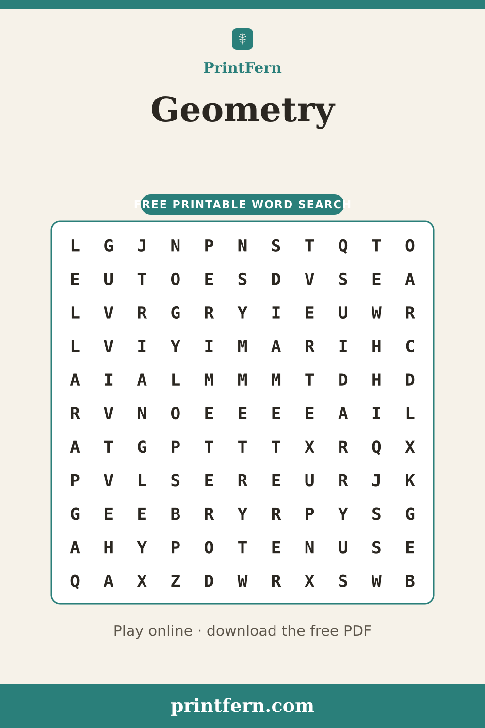 Geometry Word Search, free printable PDF preview