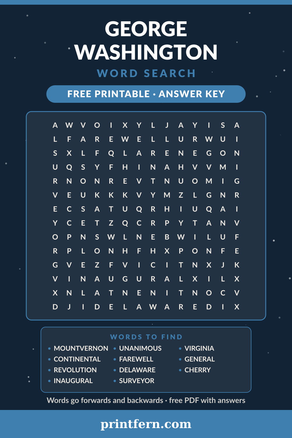 George Washington Word Search, free printable PDF preview