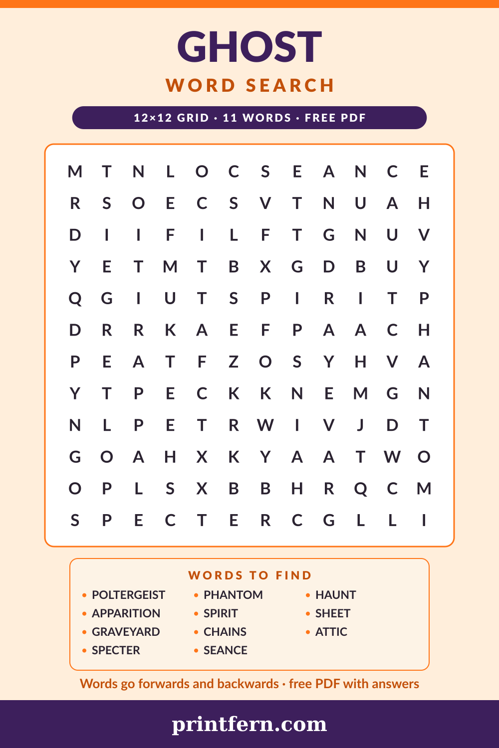 Ghost Word Search, free printable PDF preview