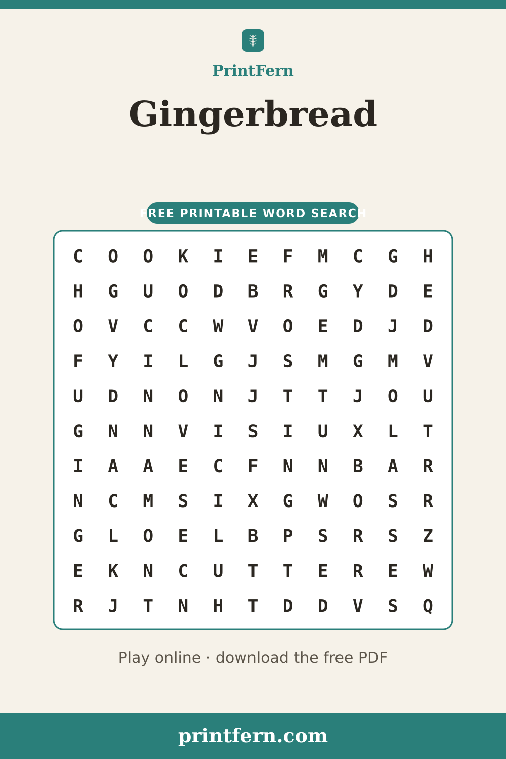 Gingerbread Word Search, free printable PDF preview