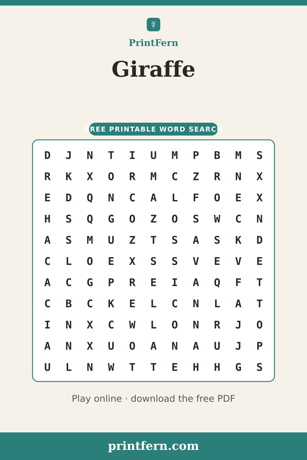 Giraffe Word Search, free printable PDF preview