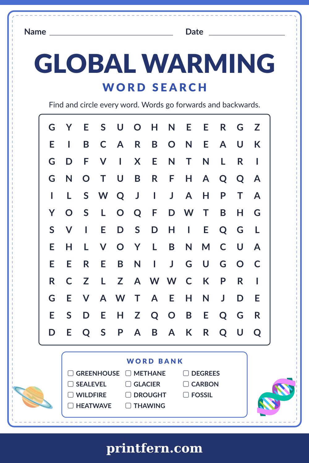 Global Warming Word Search, free printable PDF preview