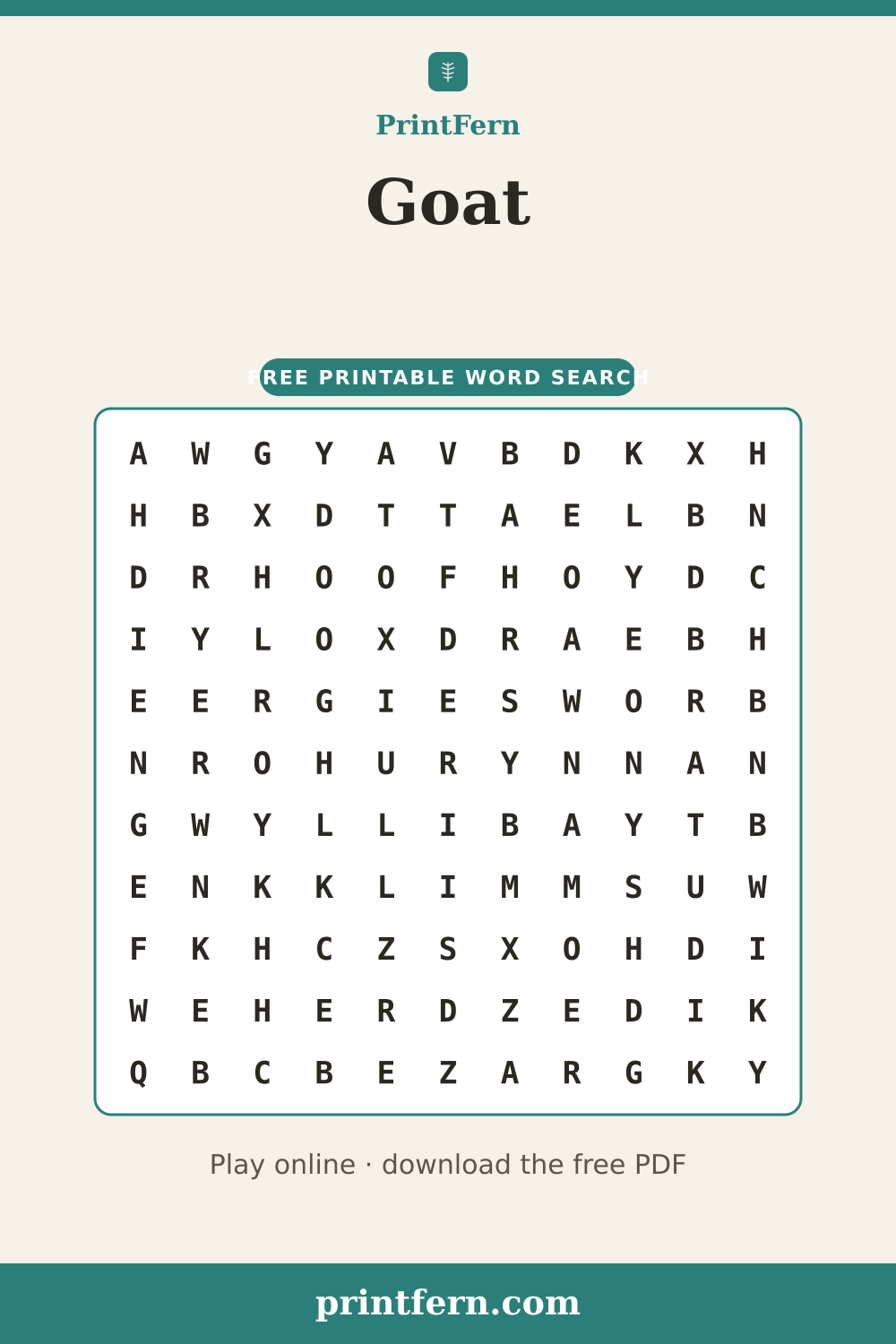 Goat Word Search, free printable PDF preview
