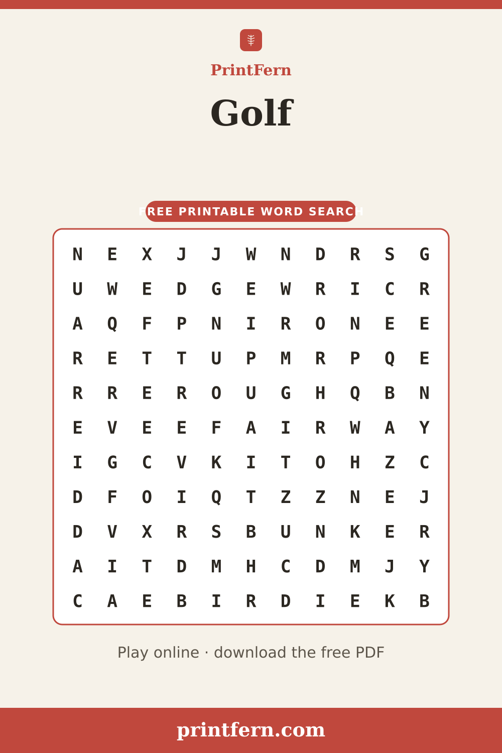 Golf Word Search, free printable PDF preview