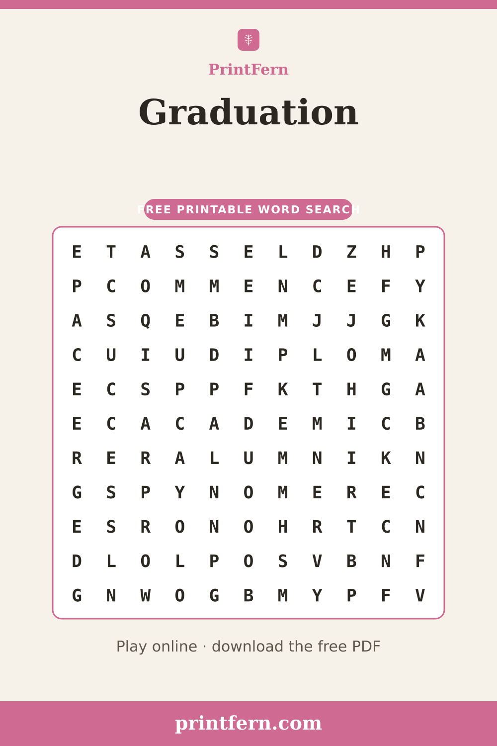 Graduation Word Search, free printable PDF preview