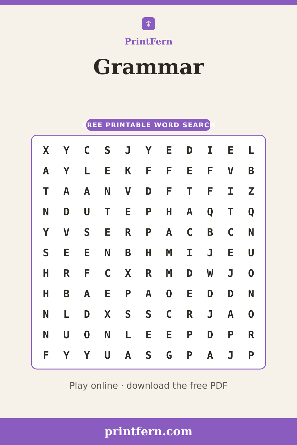 Grammar Word Search, free printable PDF preview
