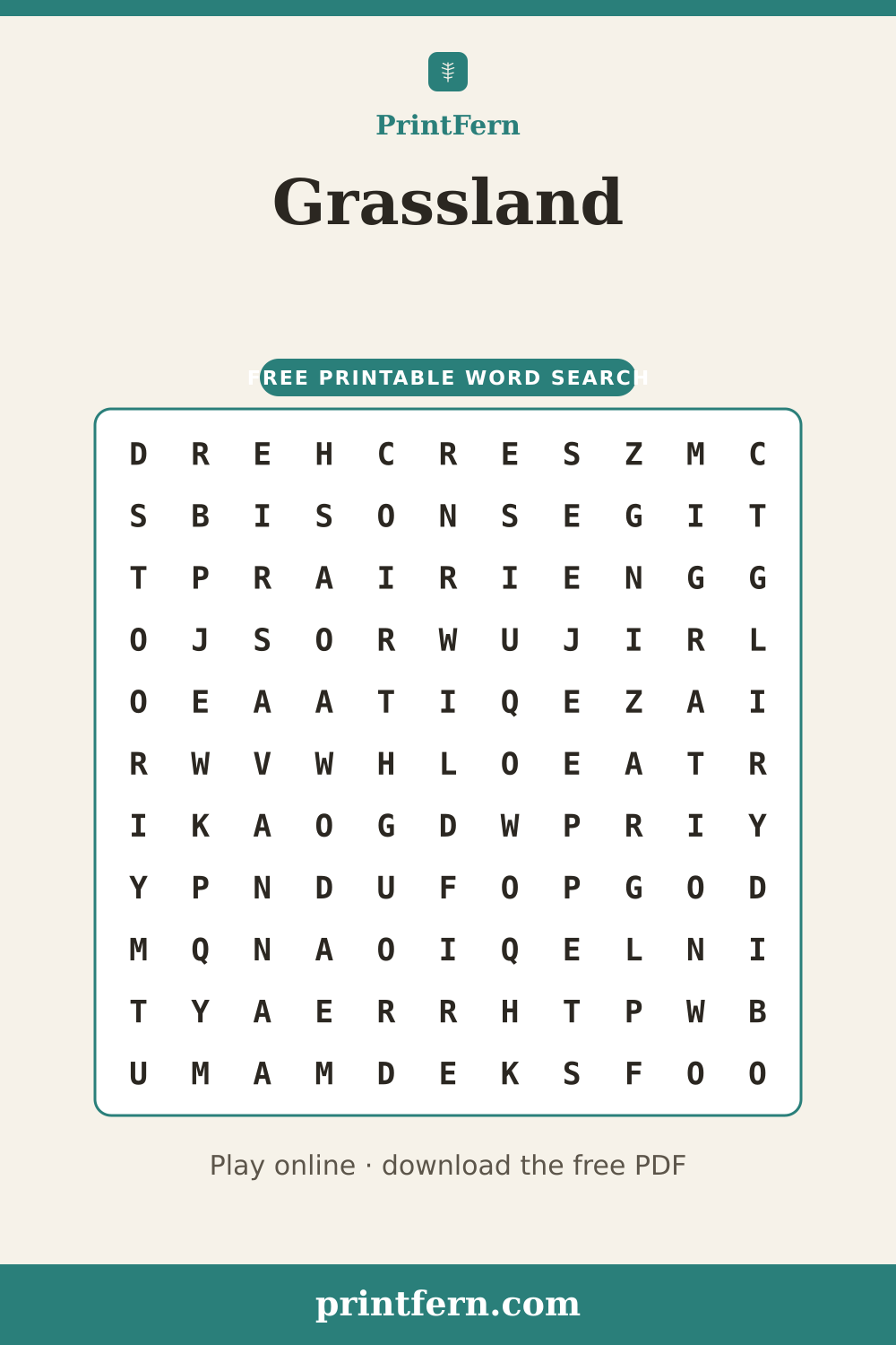 Grassland Word Search, free printable PDF preview