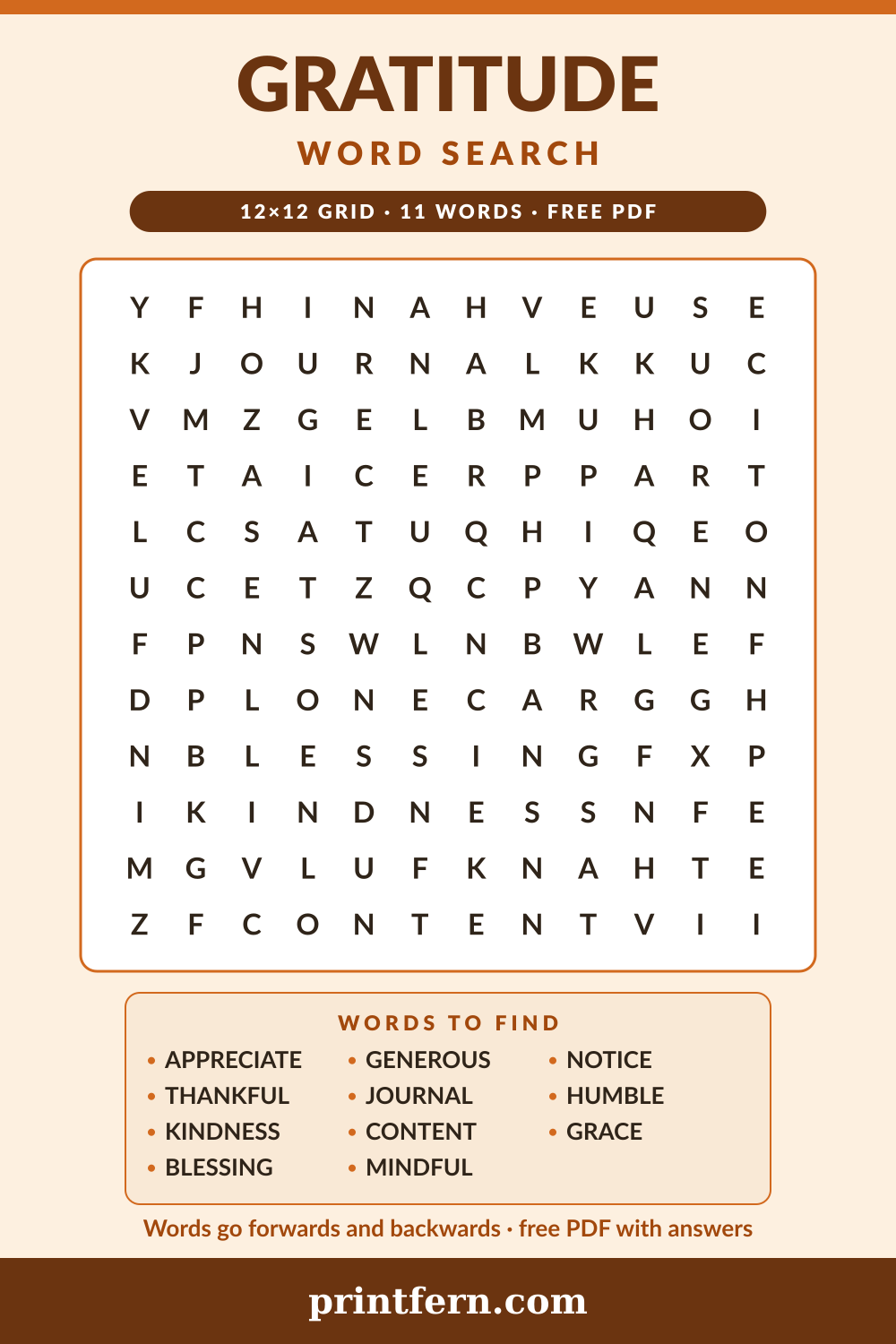 Gratitude Word Search, free printable PDF preview