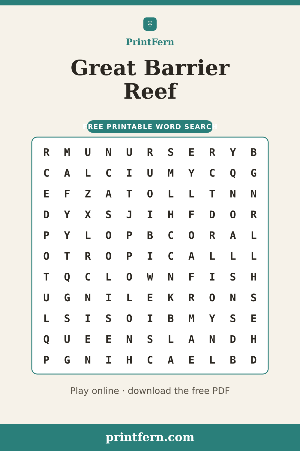 Great Barrier Reef Word Search, free printable PDF preview