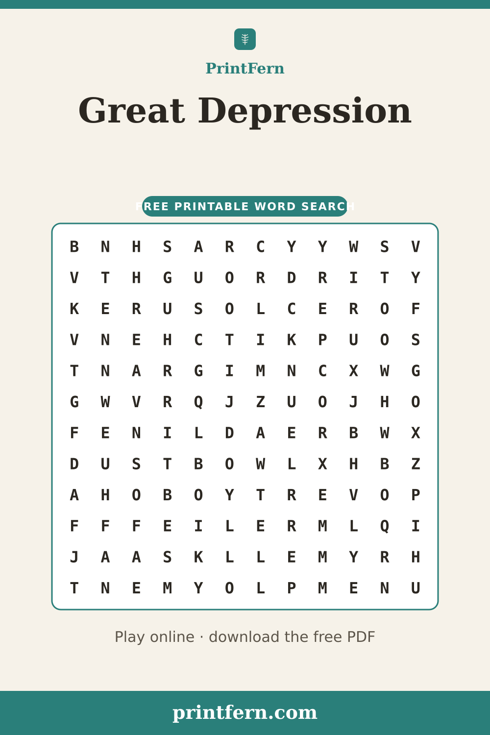 Great Depression Word Search, free printable PDF preview