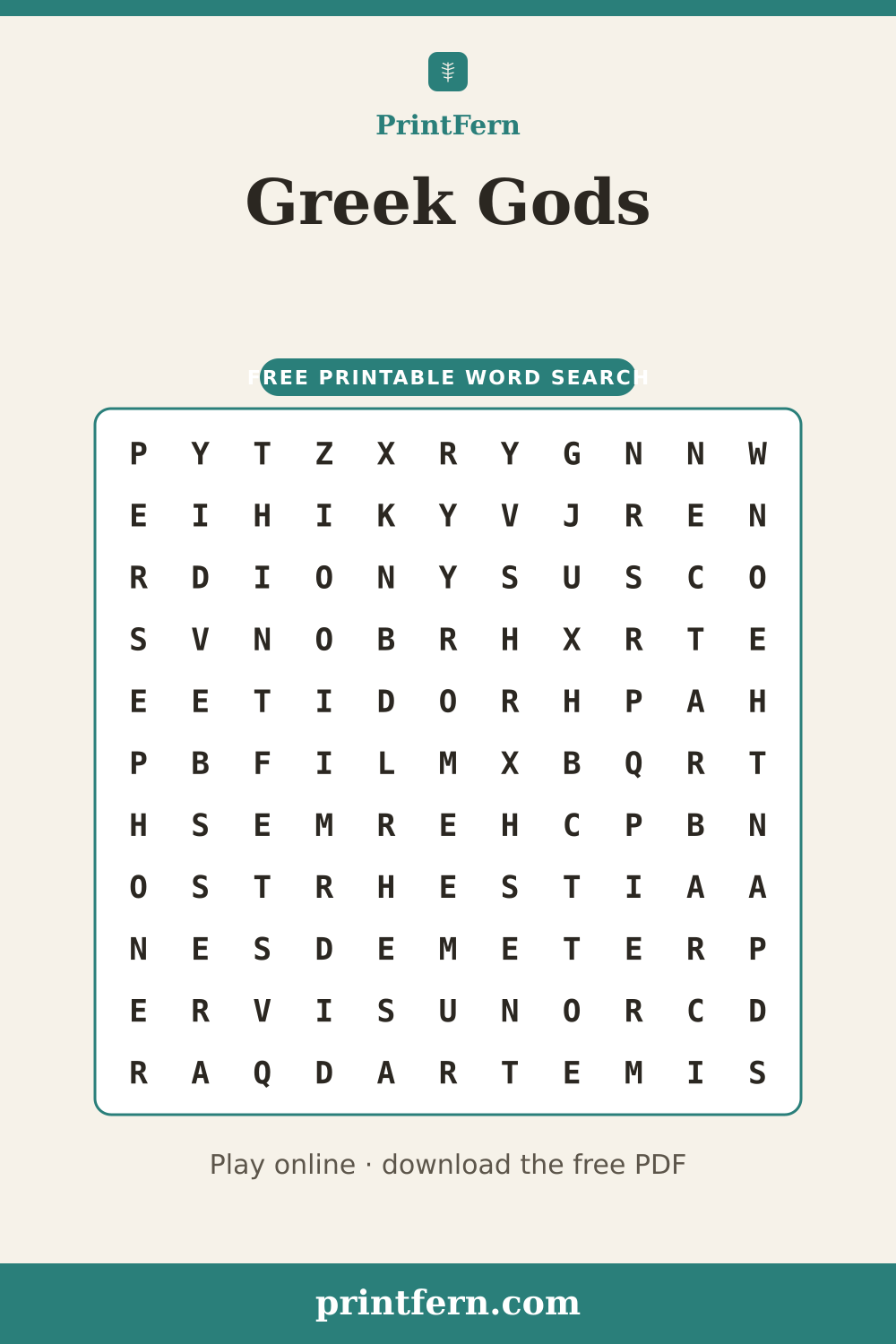 Greek Gods Word Search, free printable PDF preview