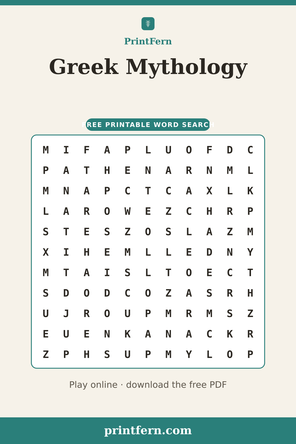 Greek Mythology Word Search, free printable PDF preview