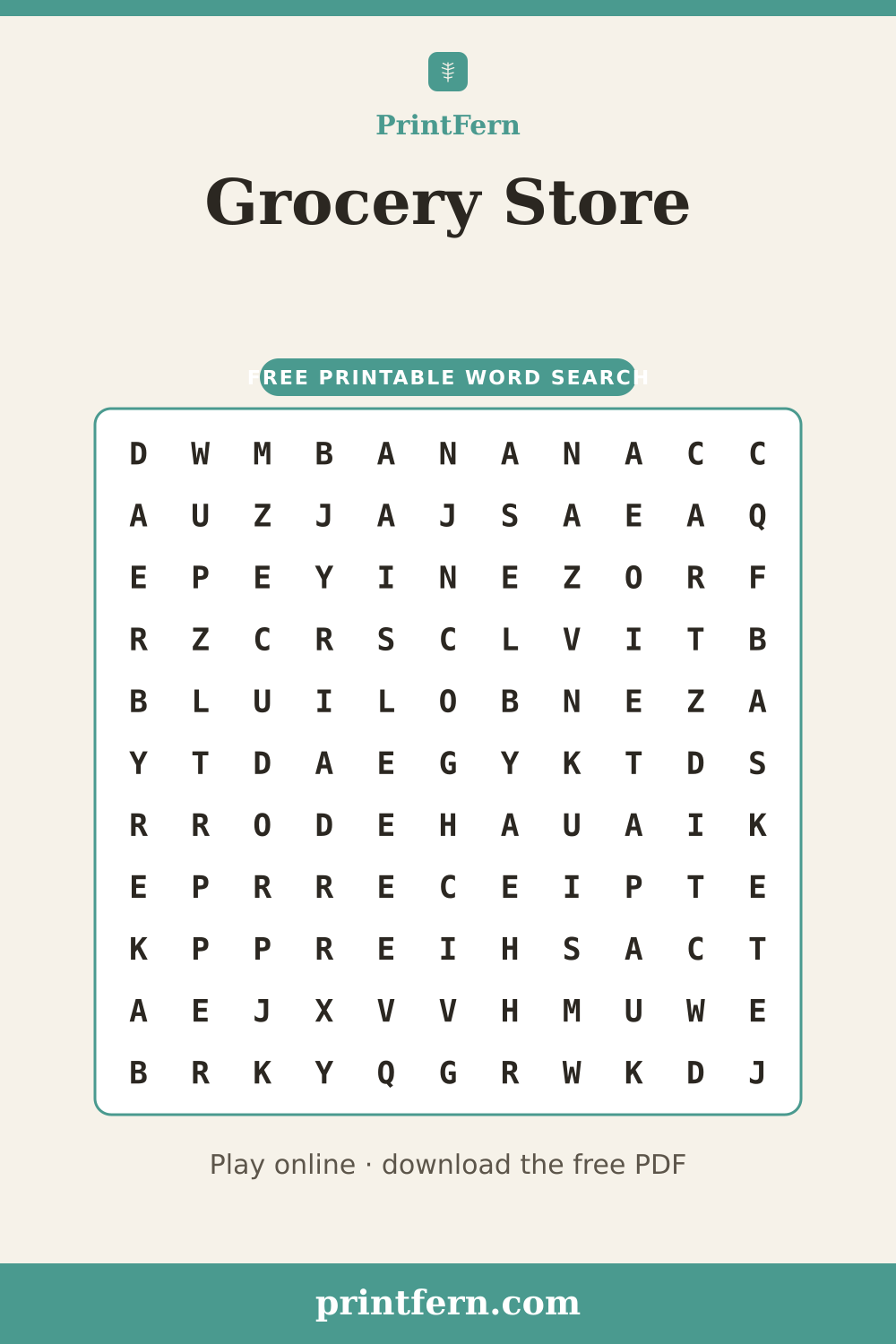 Grocery Store Word Search, free printable PDF preview