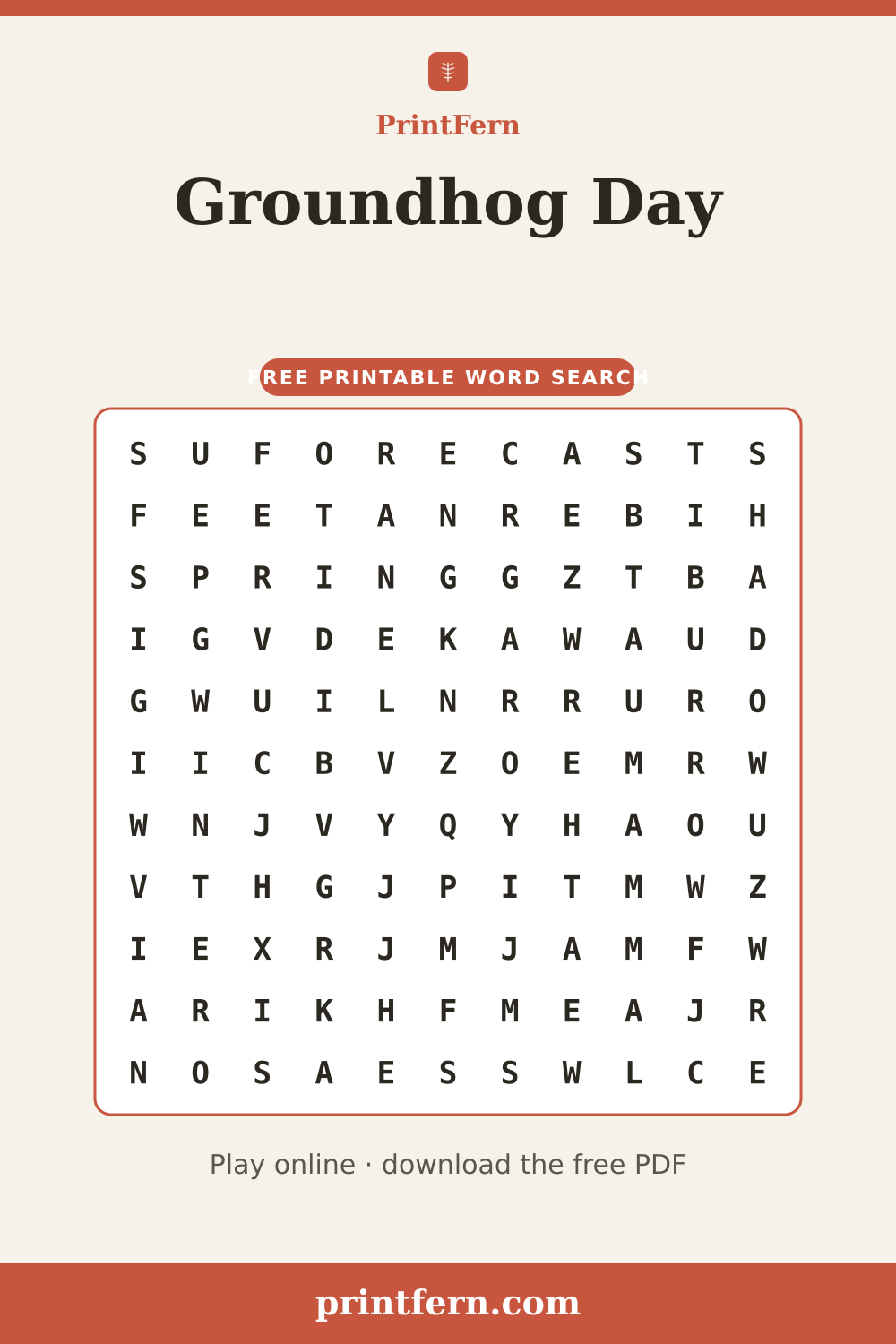 Groundhog Day Word Search, free printable PDF preview