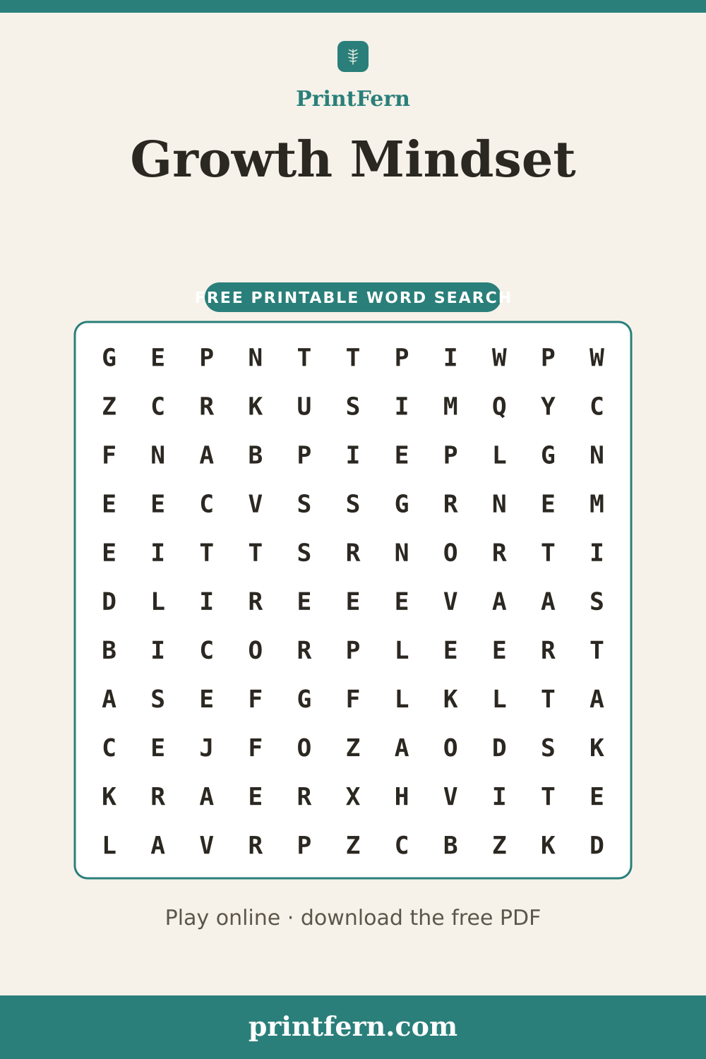 Growth Mindset Word Search, free printable PDF preview