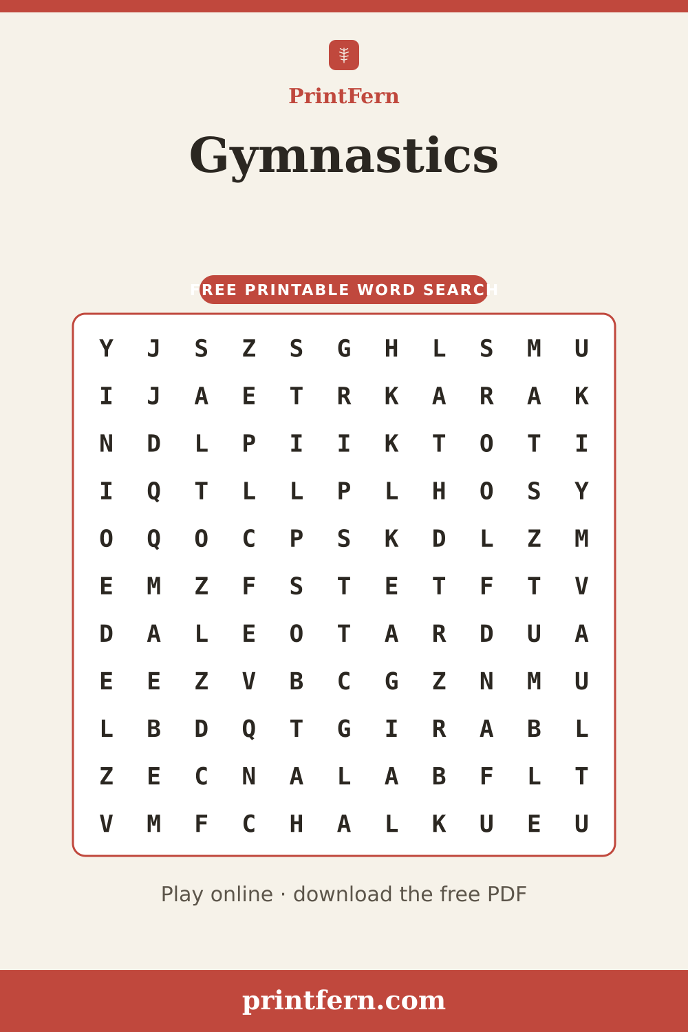 Gymnastics Word Search, free printable PDF preview