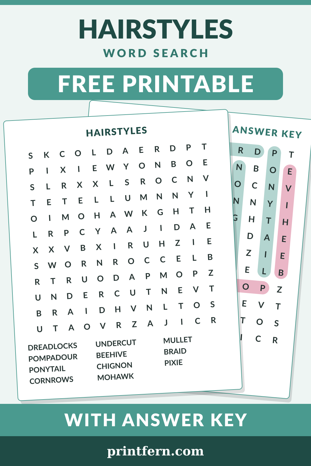 Hairstyles Word Search, free printable PDF preview