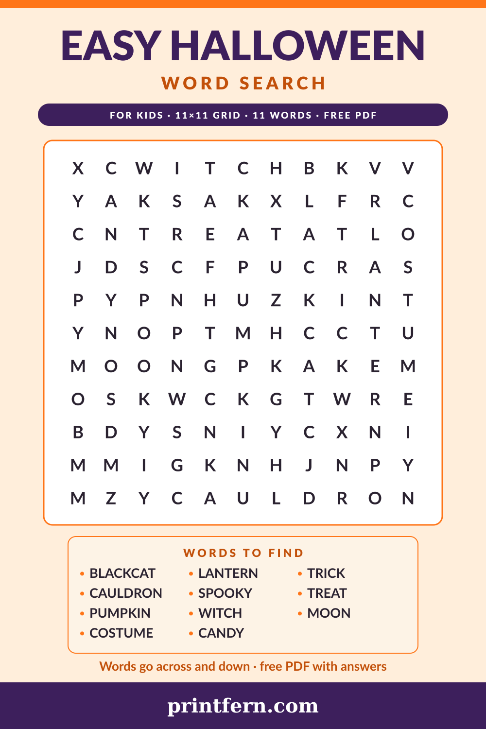 Easy Halloween Word Search, free printable PDF preview