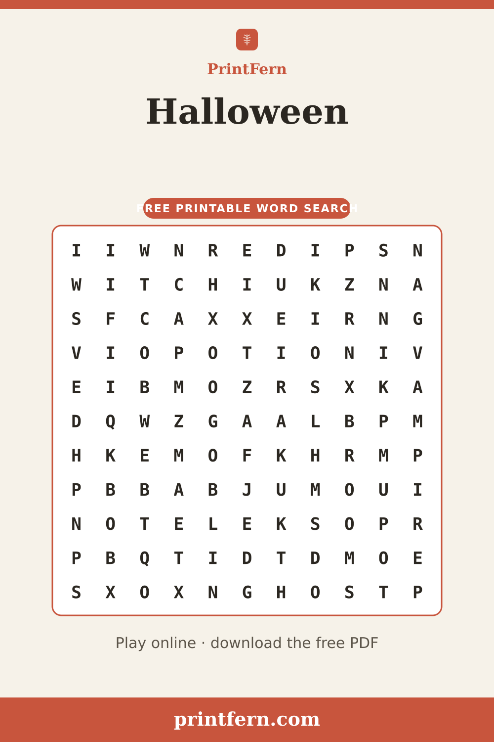 Halloween Word Search, free printable PDF preview