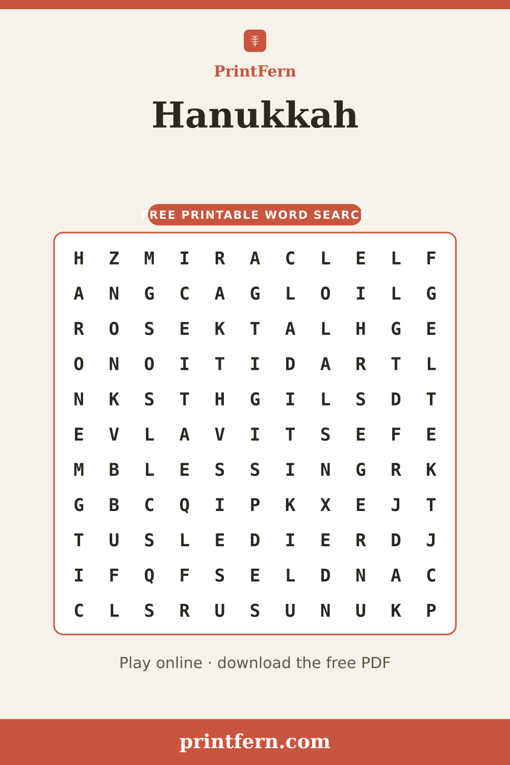 Hanukkah Word Search, free printable PDF preview