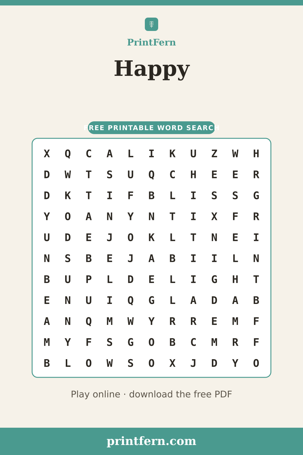 Happy Word Search, free printable PDF preview