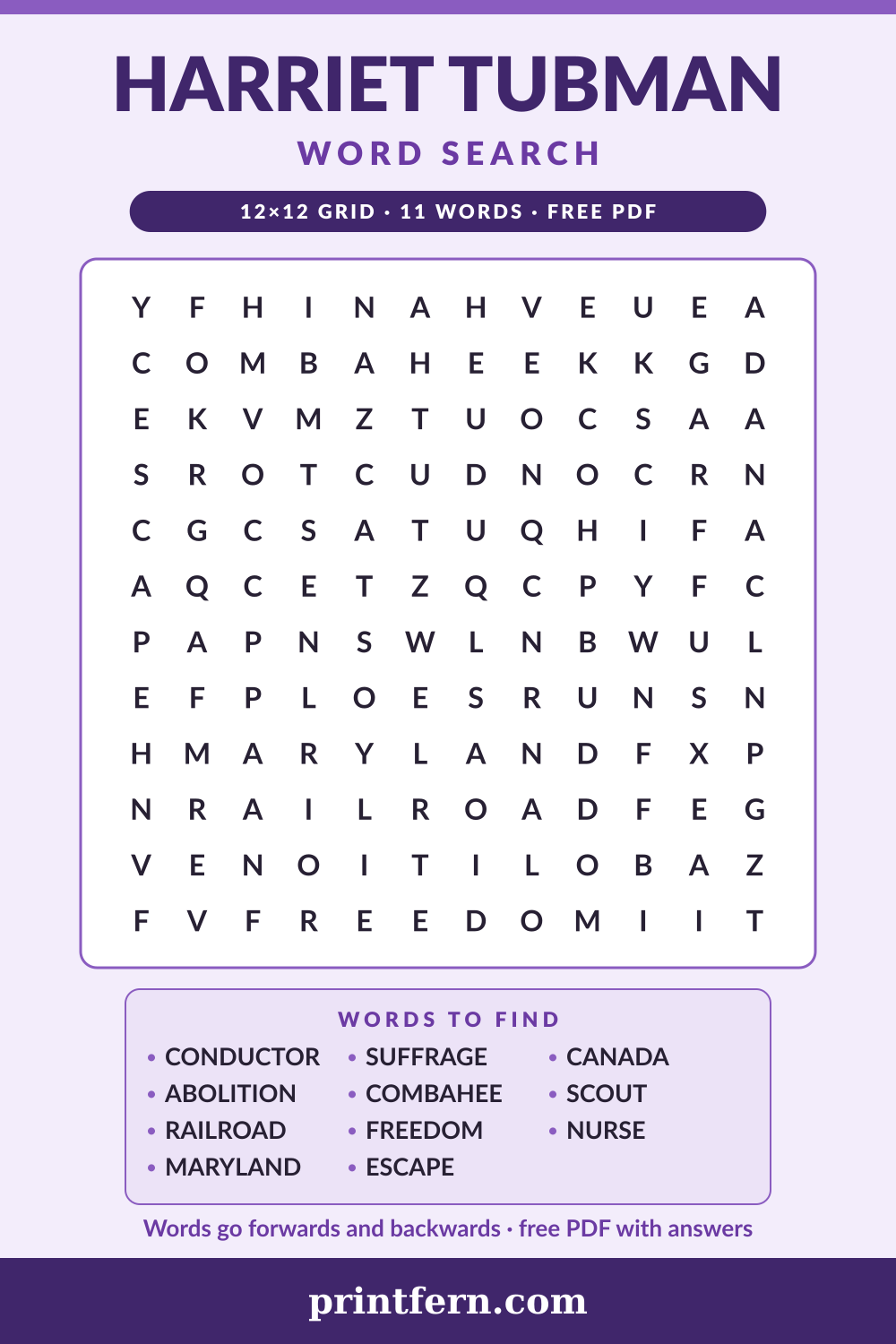 Harriet Tubman Word Search, free printable PDF preview