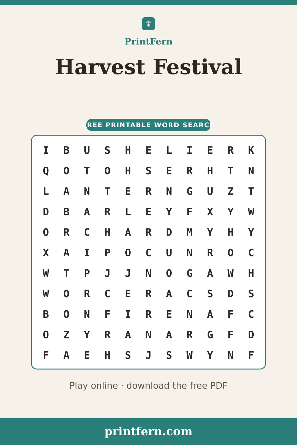 Harvest Festival Word Search, free printable PDF preview