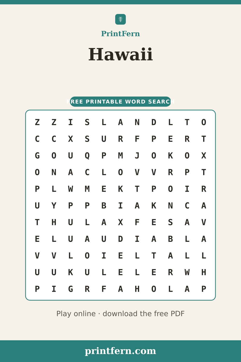 Hawaii Word Search, free printable PDF preview