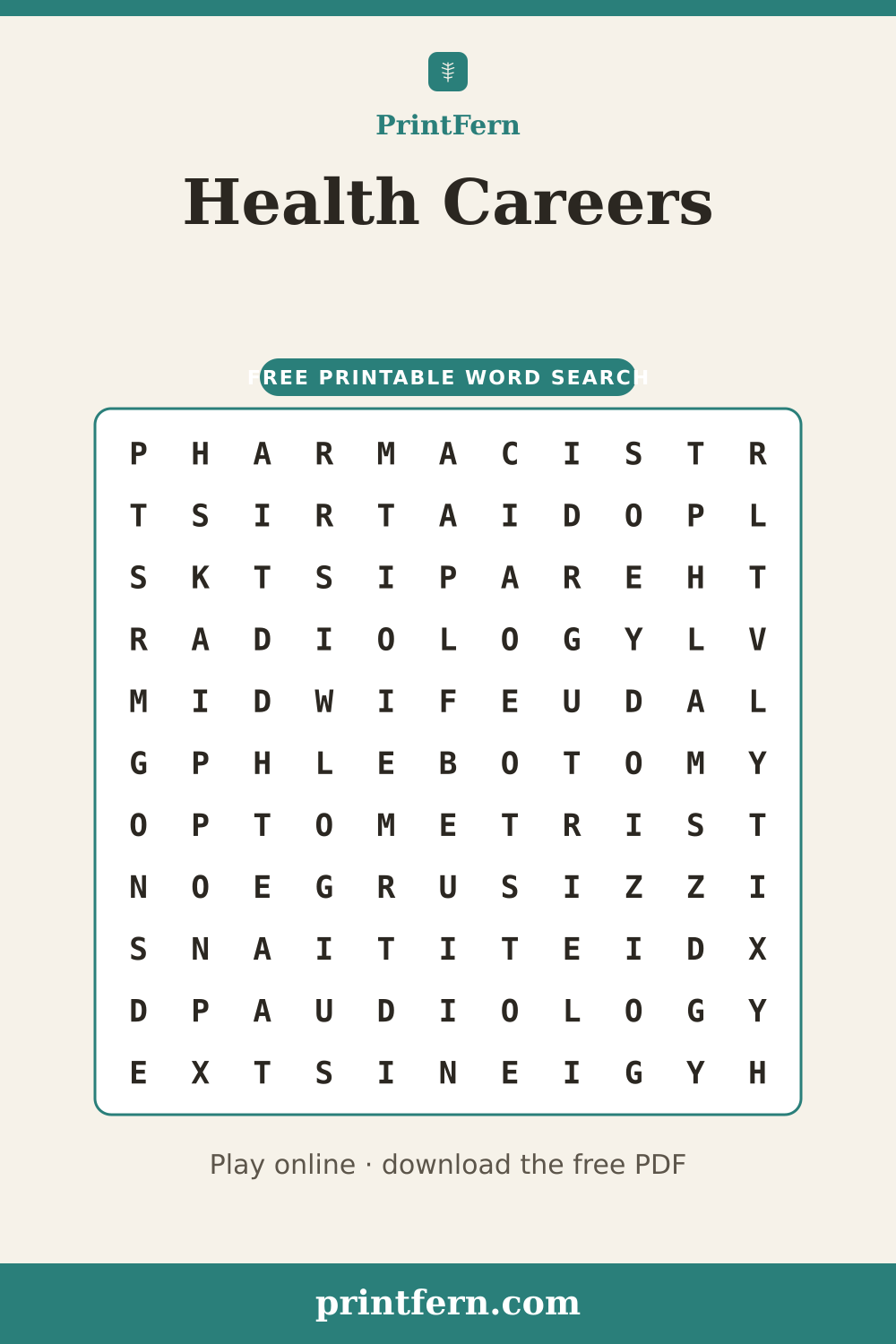 Health Careers Word Search, free printable PDF preview