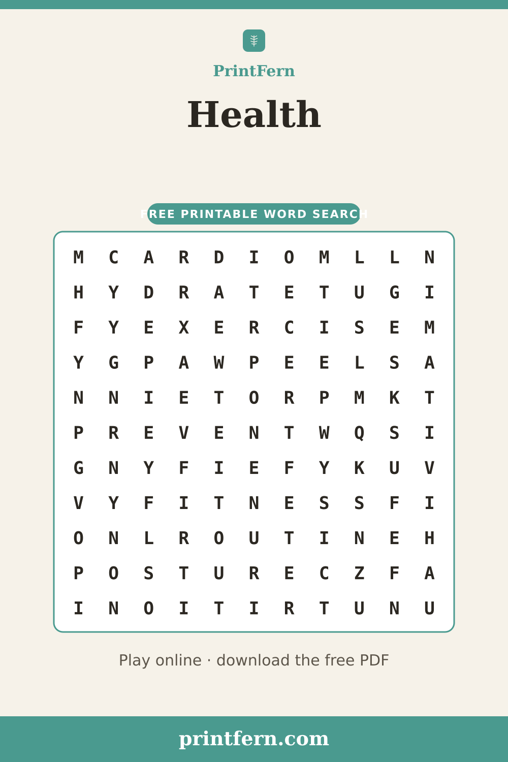 Health Word Search, free printable PDF preview